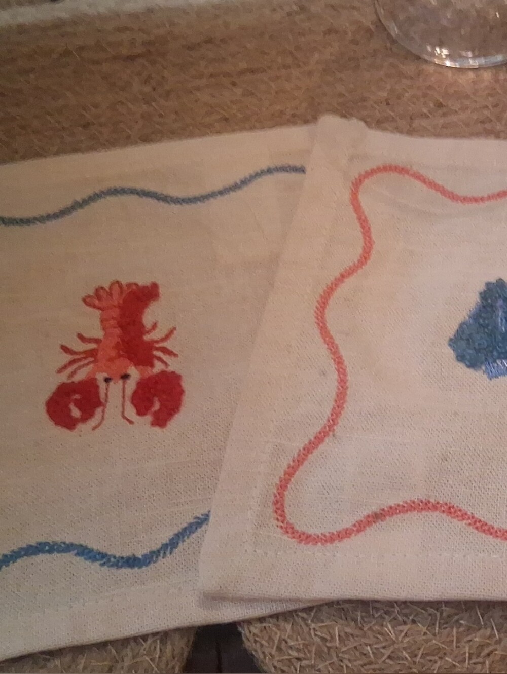 Hand-Embroidered Coastal Linen Napkins - Lobster & Shell